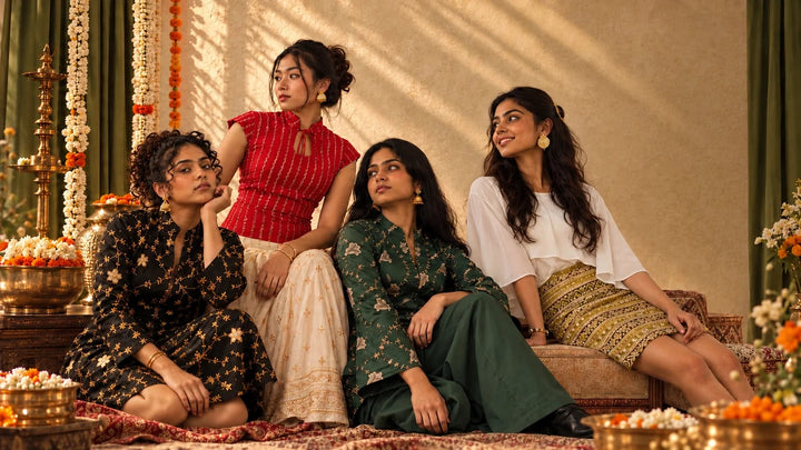 Four women in mazo Jig Jig embroidered tops, a dress and a mini skirt, seated among flowers and brass lamps