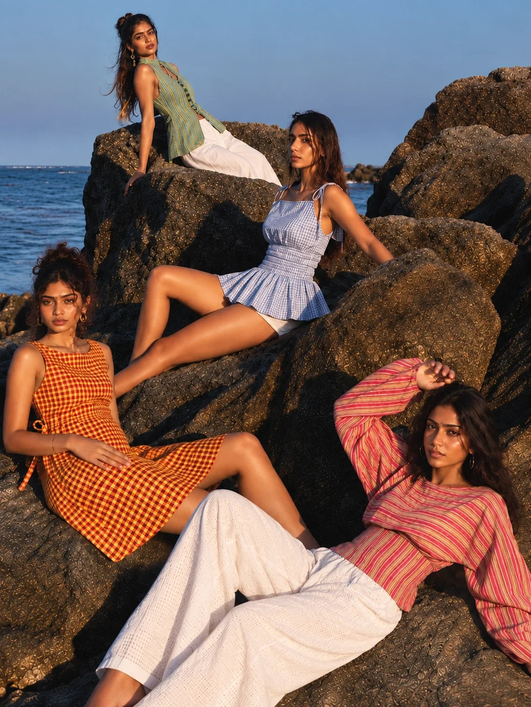 Four women in mazo Madras Theory tops and dresses on the rocks by the sea, in Madras check and stripes