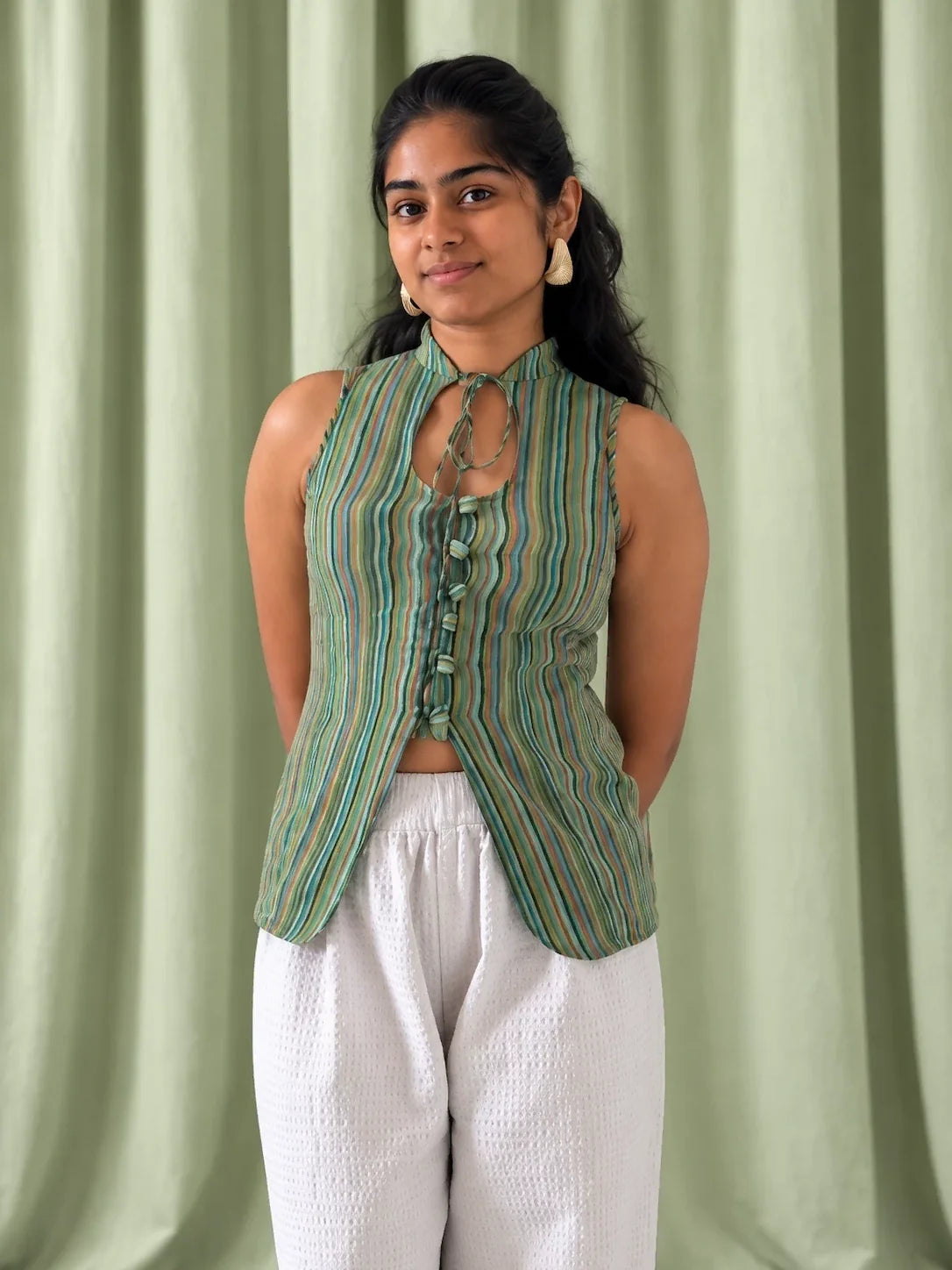 Sundown striped cotton office top for women in green Madras stripes with a mandarin collar