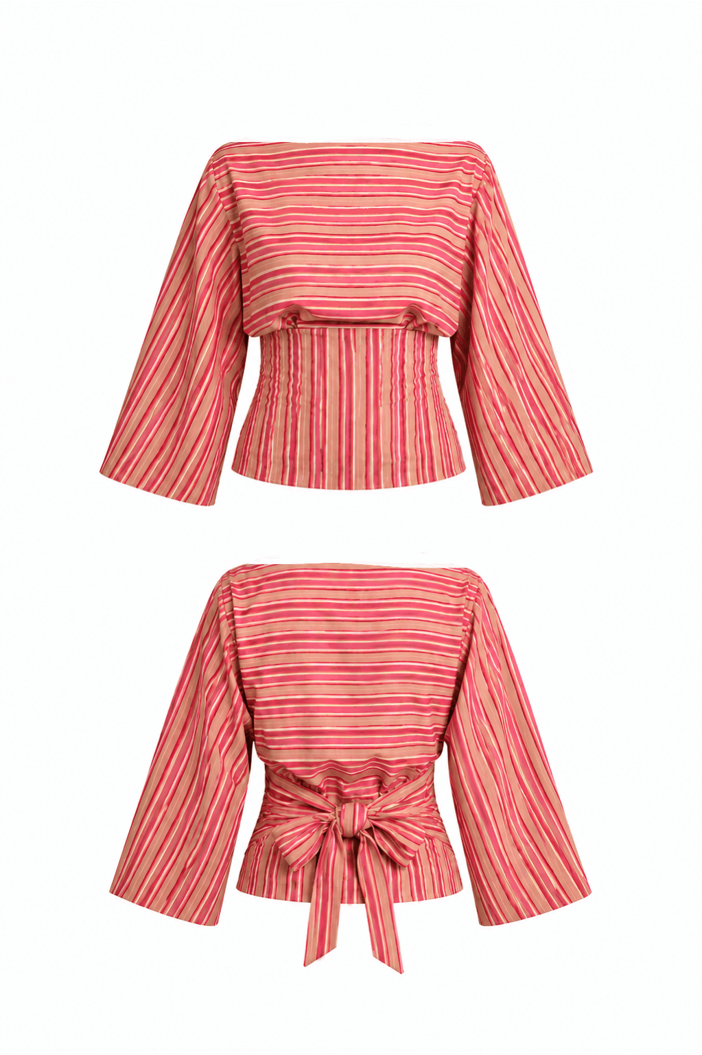 Pink and Olive striped top on a white background