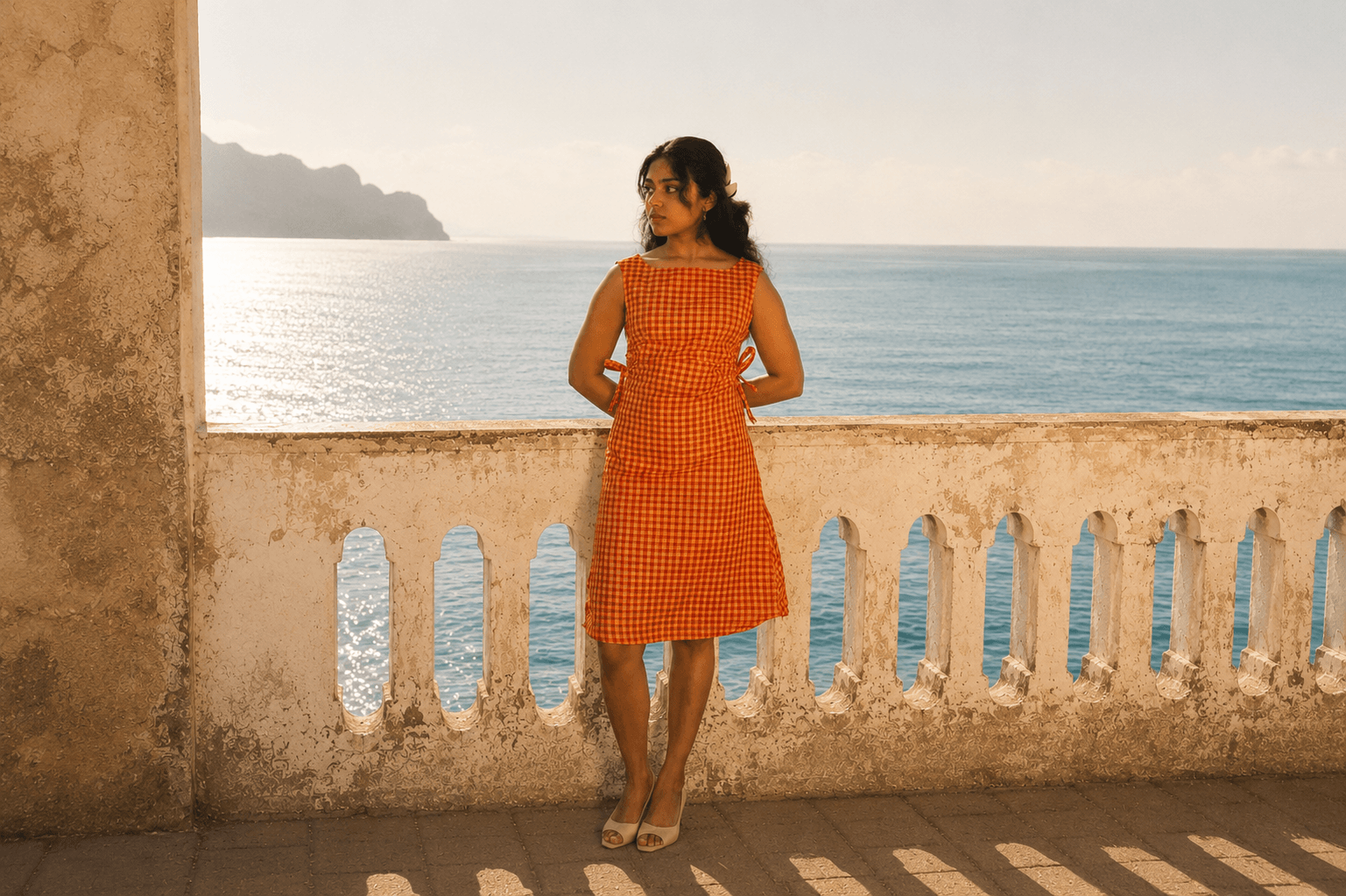 Women wearing orange checked dress