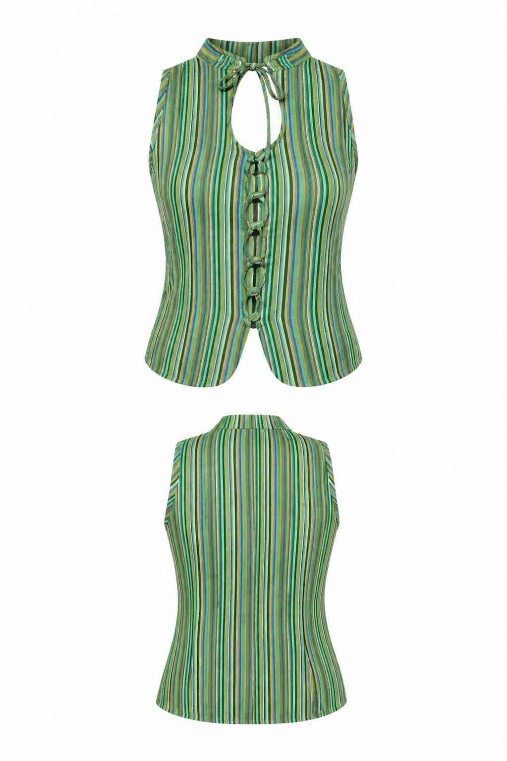 Green striped sleeveless top on a white background