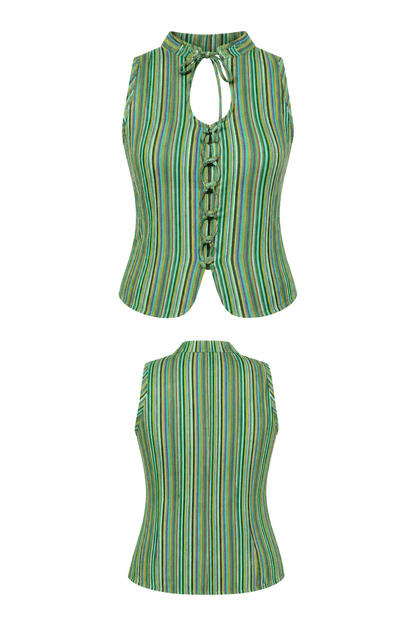 Green striped sleeveless top on a white background