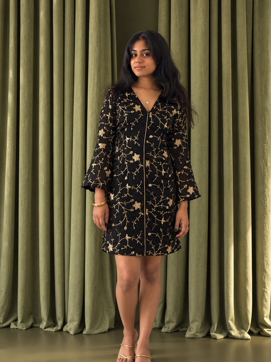 mazo Buri Nazar black embroidered short dress for women, front view