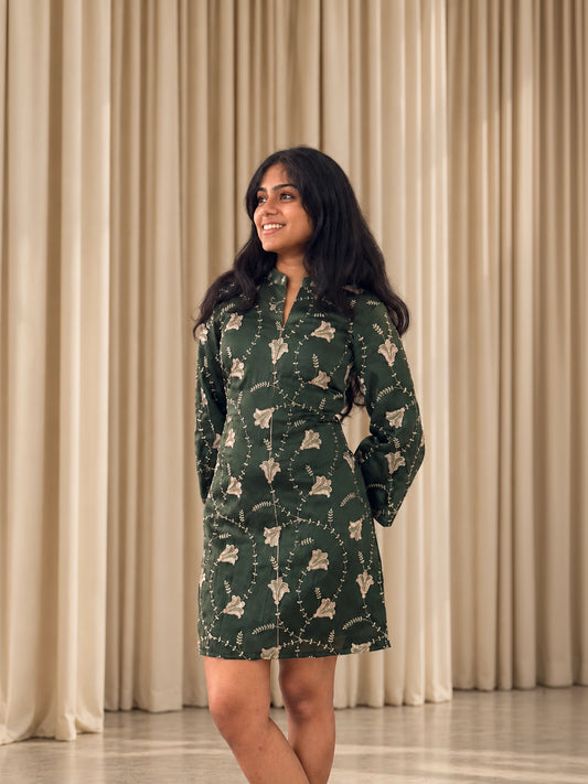mazo Ivy bottle green embroidered short kurti dress for women, front view
