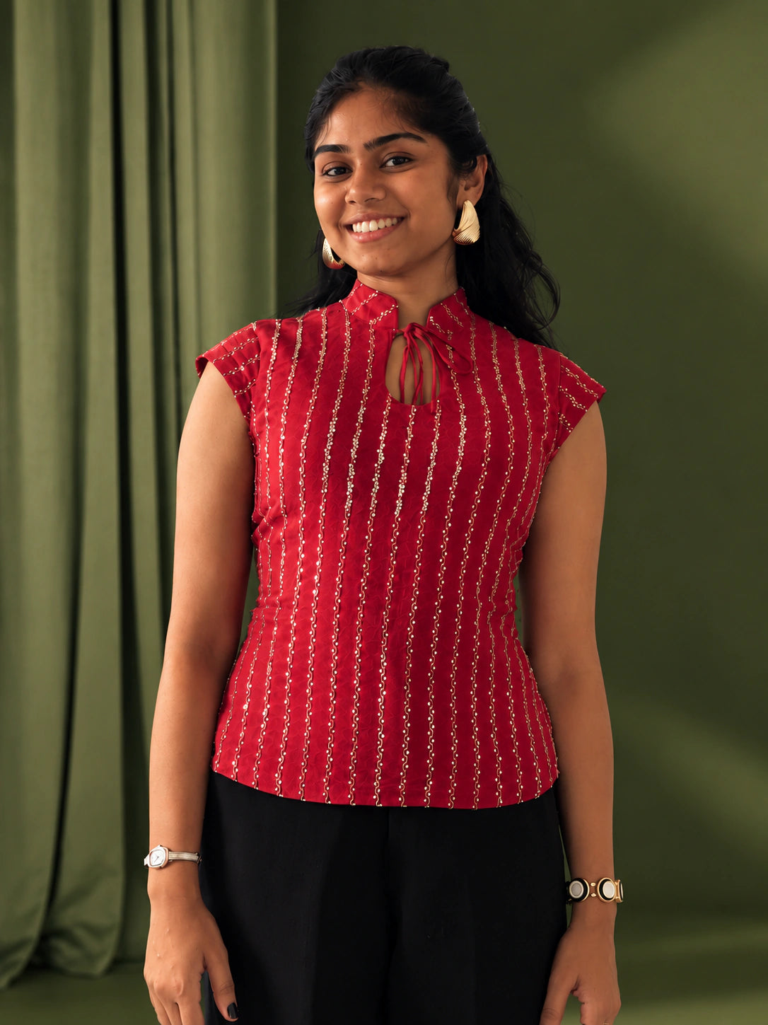 mazo Mirchi red embroidered corset top for women, front view
