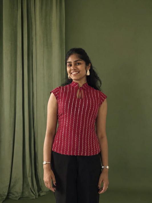 mazo Mirchi red embroidered corset top for women, front view