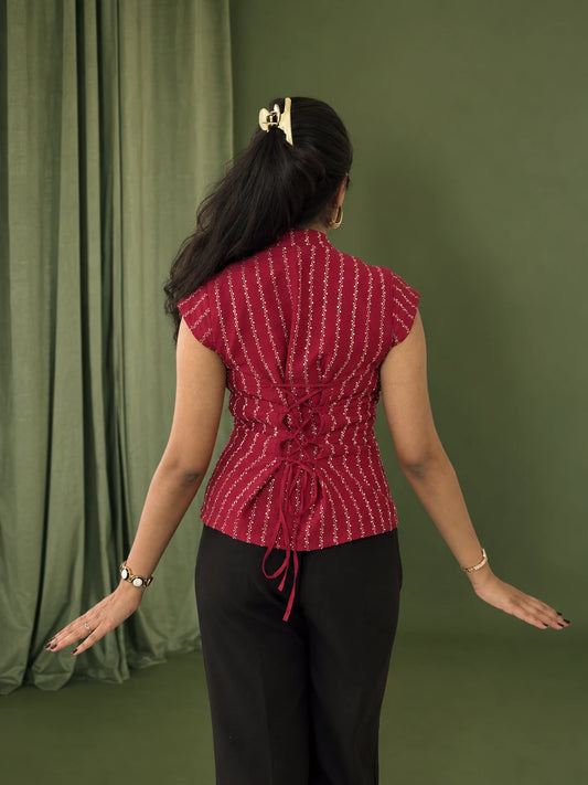 mazo Mirchi top, back view of the lace up corset back