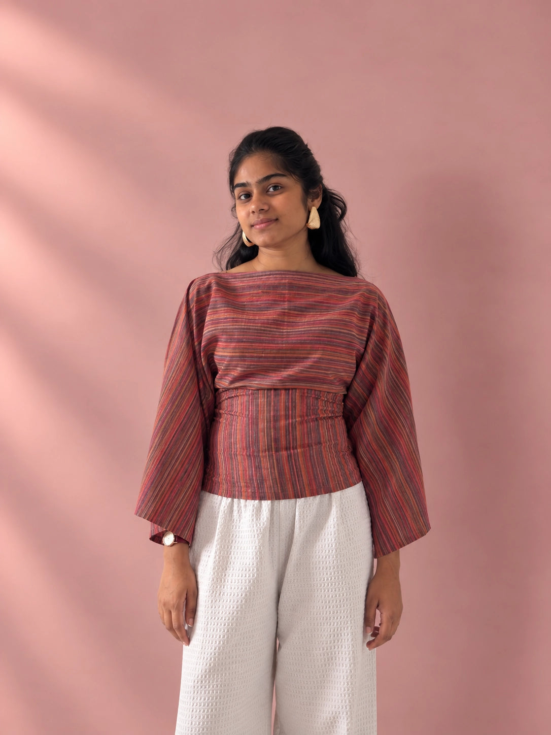mazo Rosé Stripe Tie-Back Top styled casually
