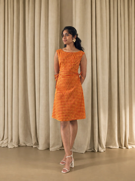 mazo Summer Jam cotton midi dress for women in red and yellow gingham, front view