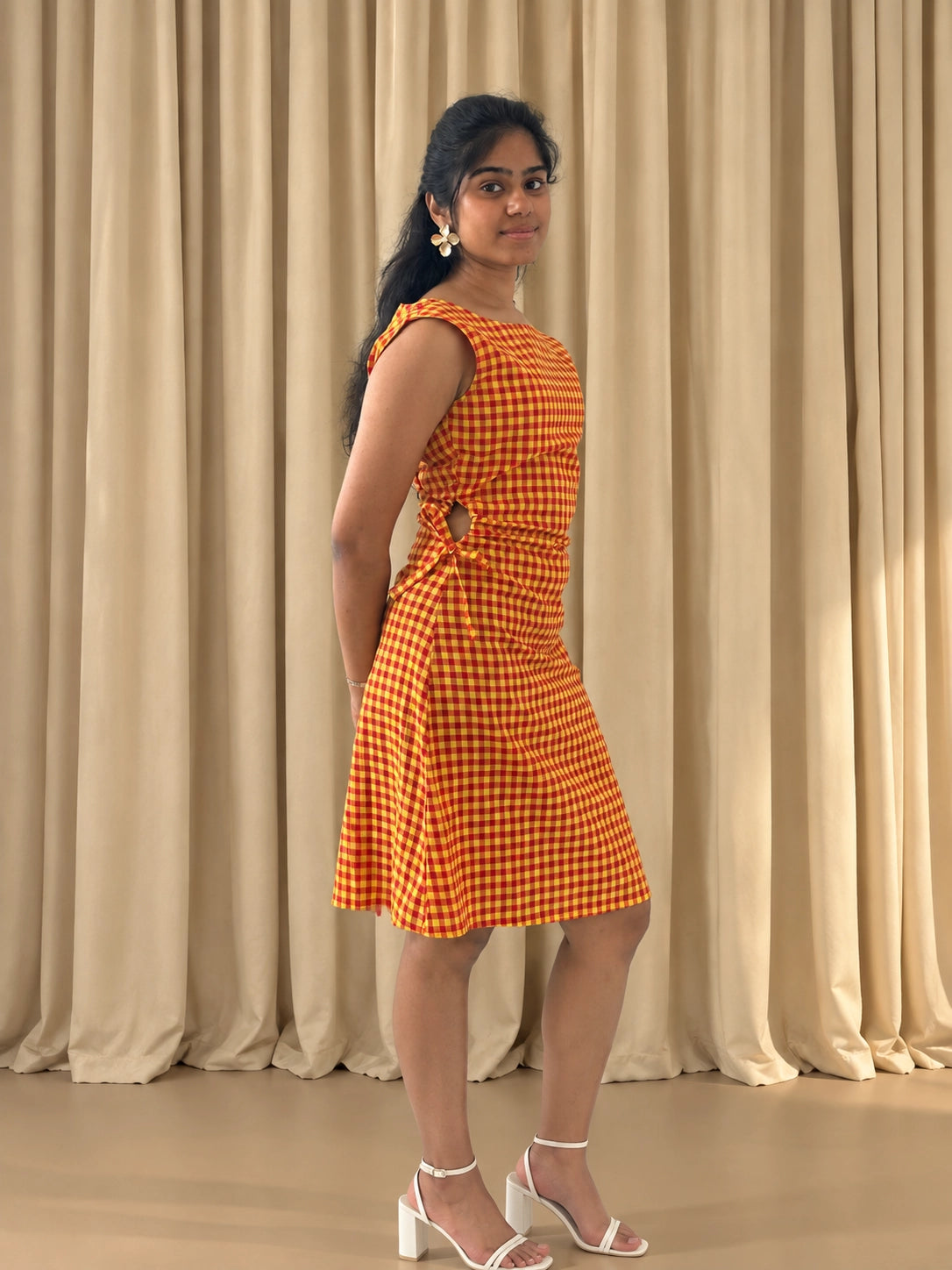 mazo Summer Jam Midi Dress, side view showing the waist cut-out and tie