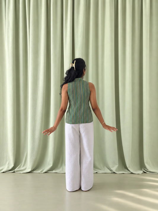 mazo Sundown Stripe Green Top, back view showing the straight cut and stripe direction