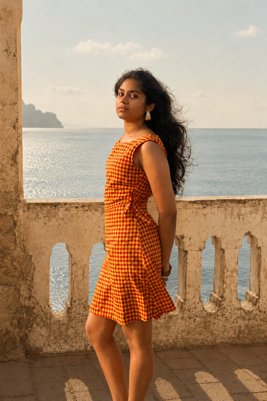 A woman wearing a sleeveless red and yellow gingham midi dress stands on a stone balcony overlooking the sea, looking back over her shoulder.
